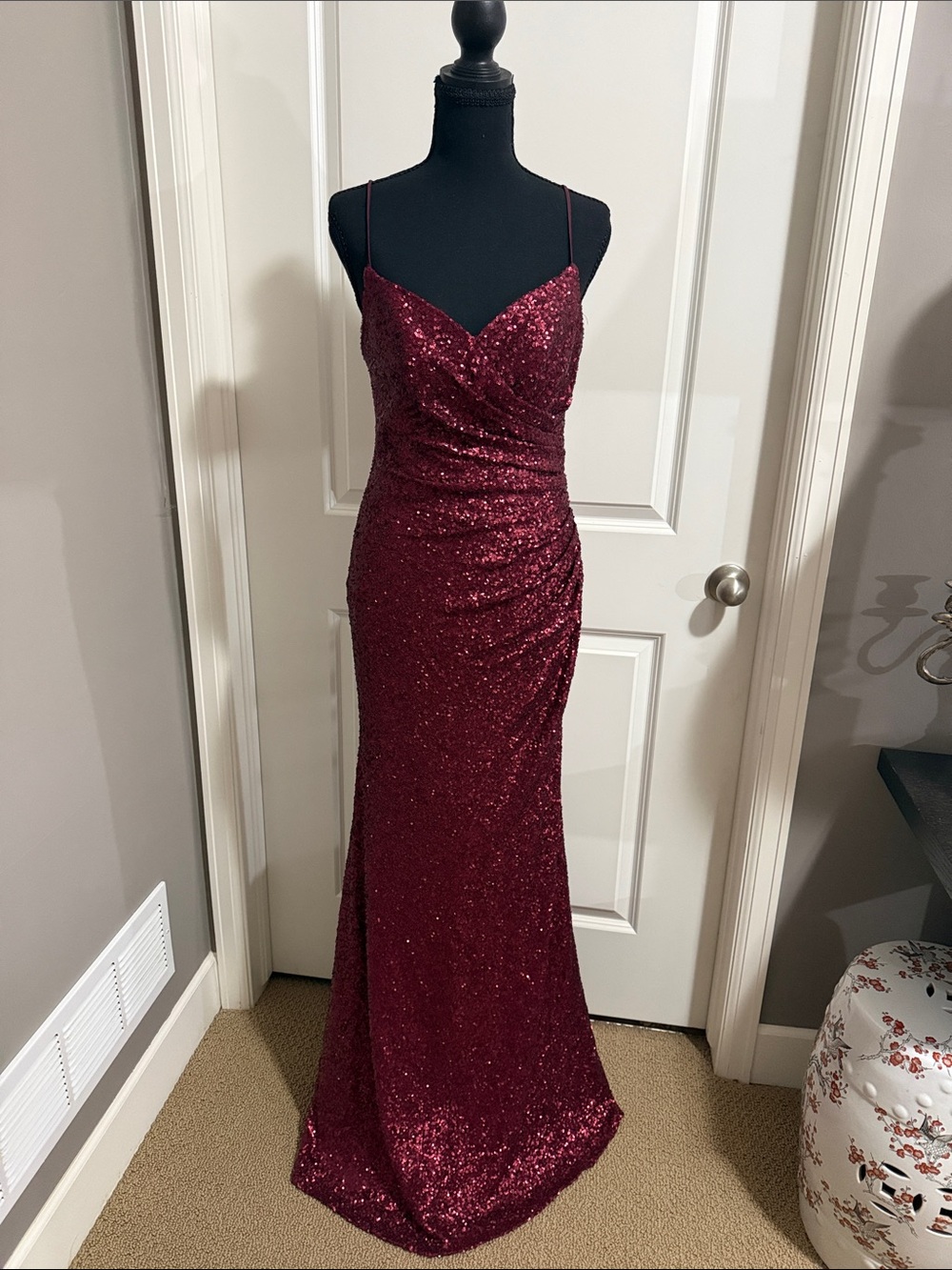 SORELLA VITA Burgundy Sequin Spaghetti-Strap Prom Gown